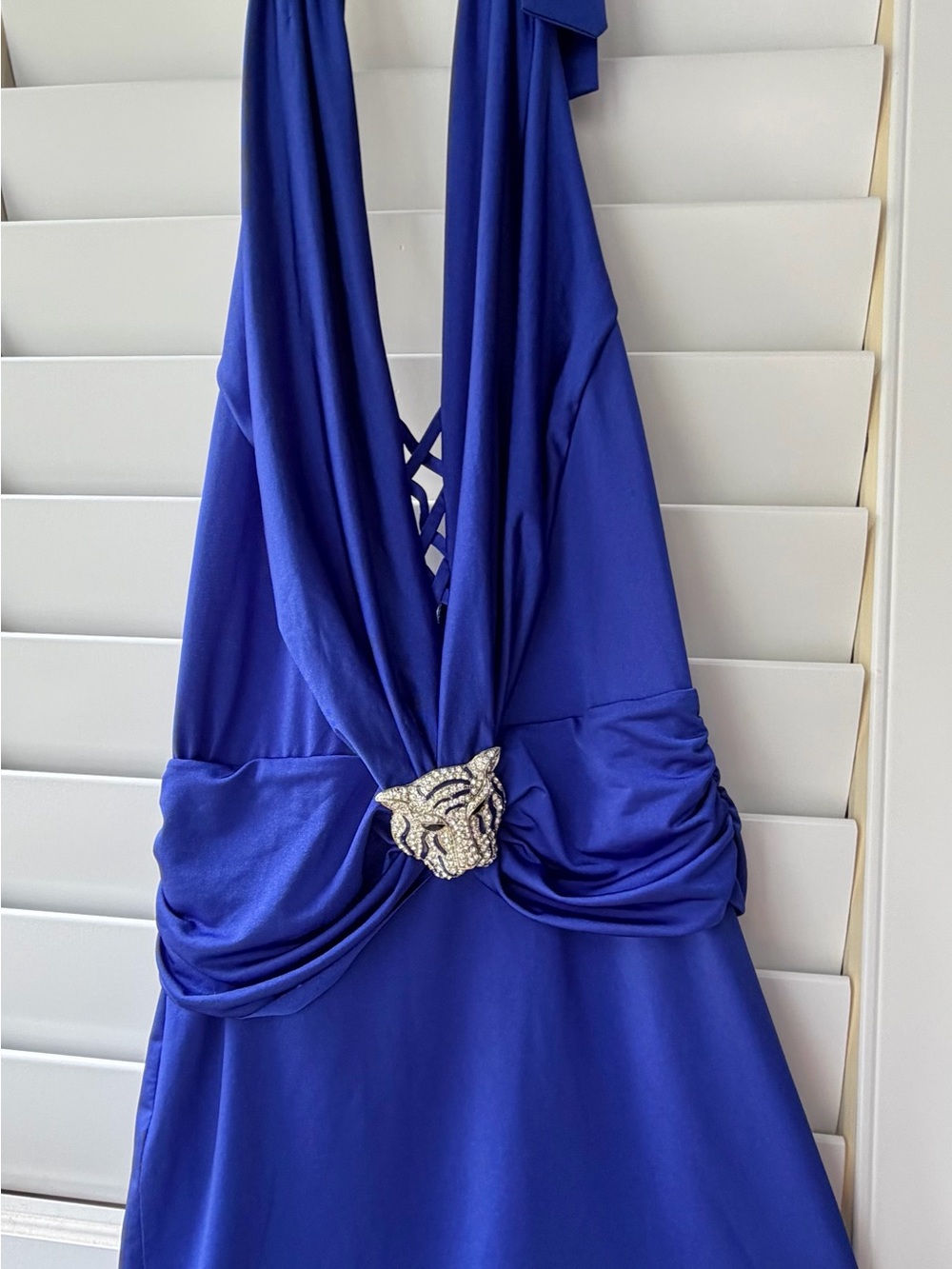 Royal Blue Halter Dress with Rhinestone Leopard Brooch